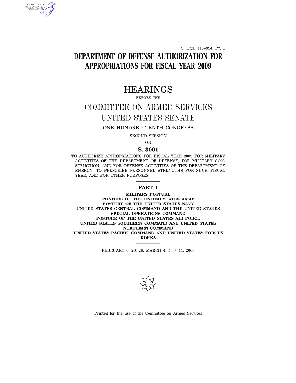 Department of Defense Authorization for Appropriations for Fiscal Year 2009