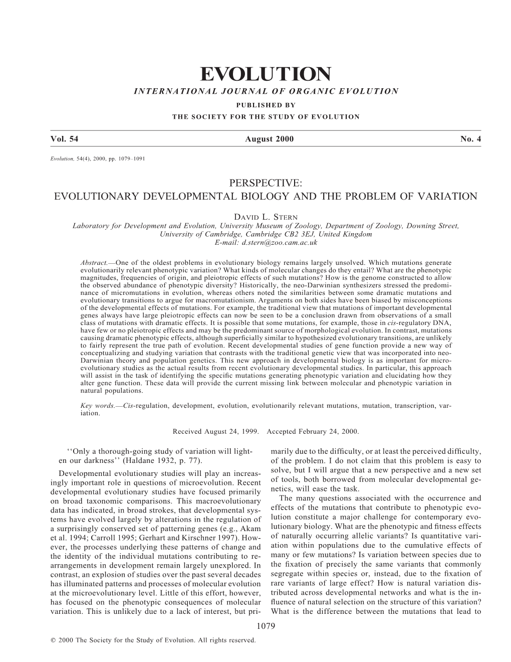 Evolution International Journal of Organic Evolution Published by the Society for the Study of Evolution