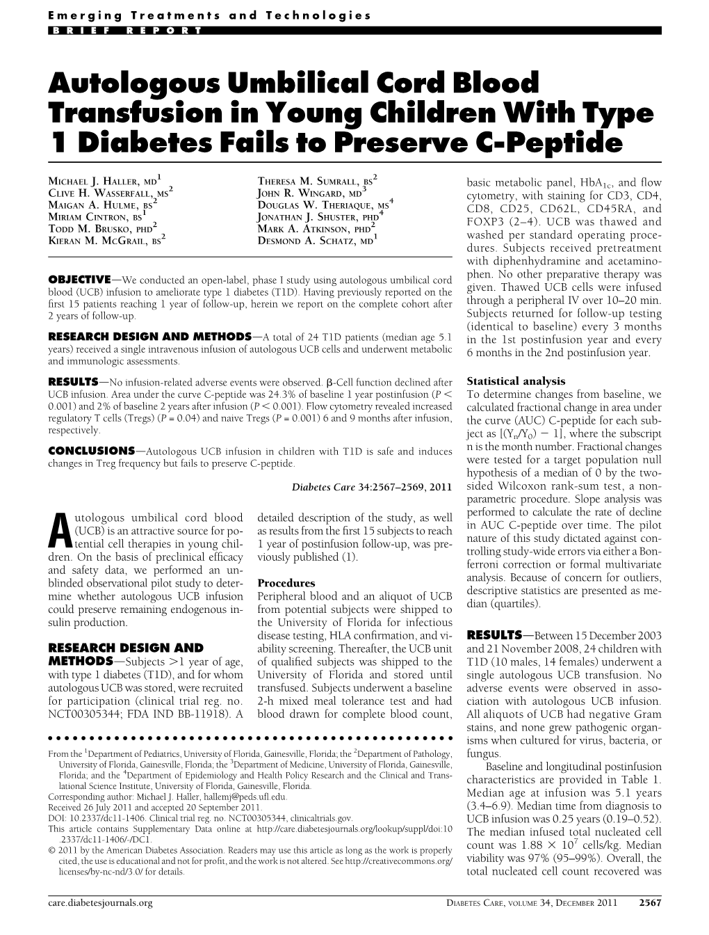 Autologous Umbilical Cord Blood Transfusion in Young Children with Type 1 Diabetes Fails to Preserve C-Peptide