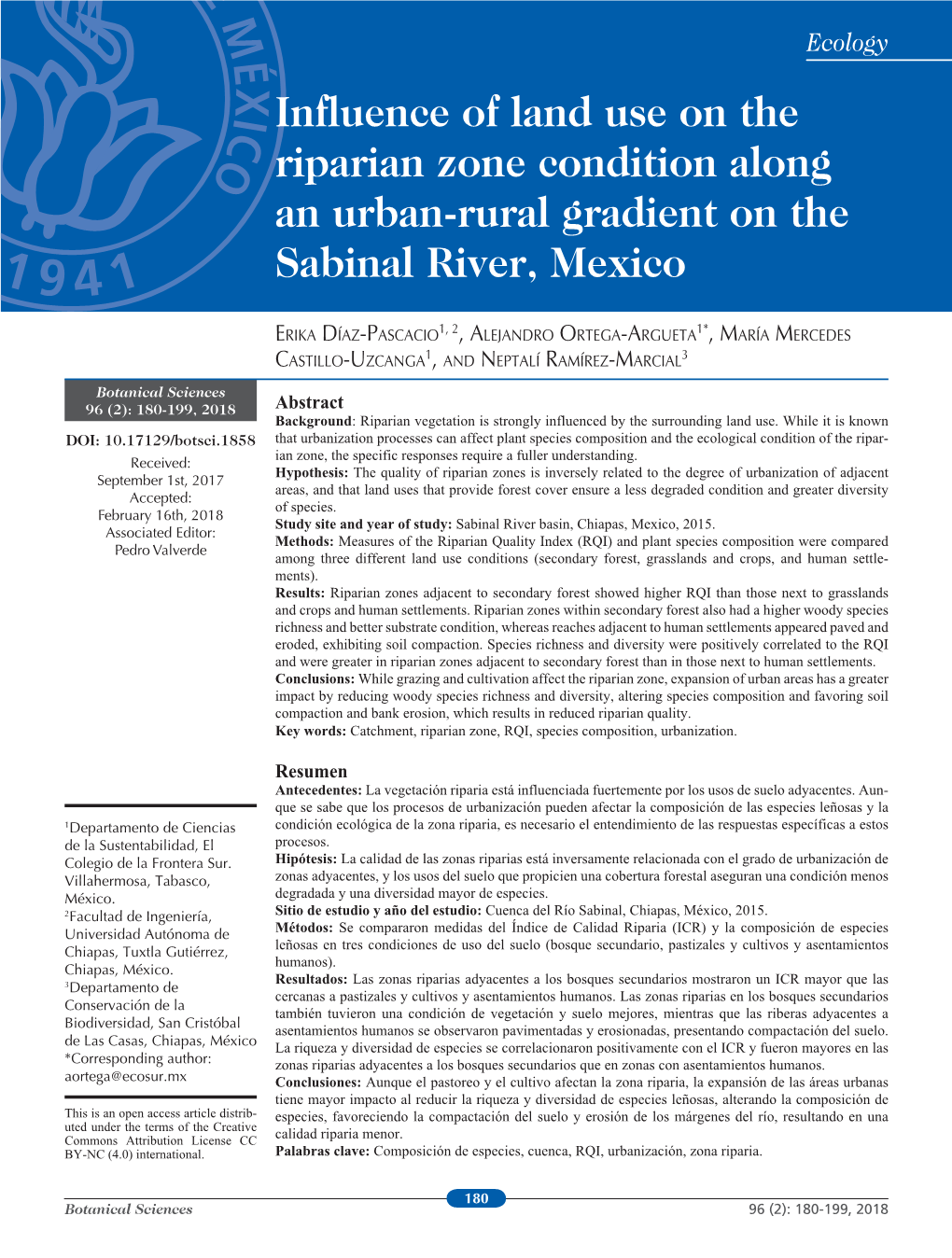 Influence of Land Use on the Riparian Zone Condition Along an Urban-Rural Gradient on the Sabinal River, Mexico