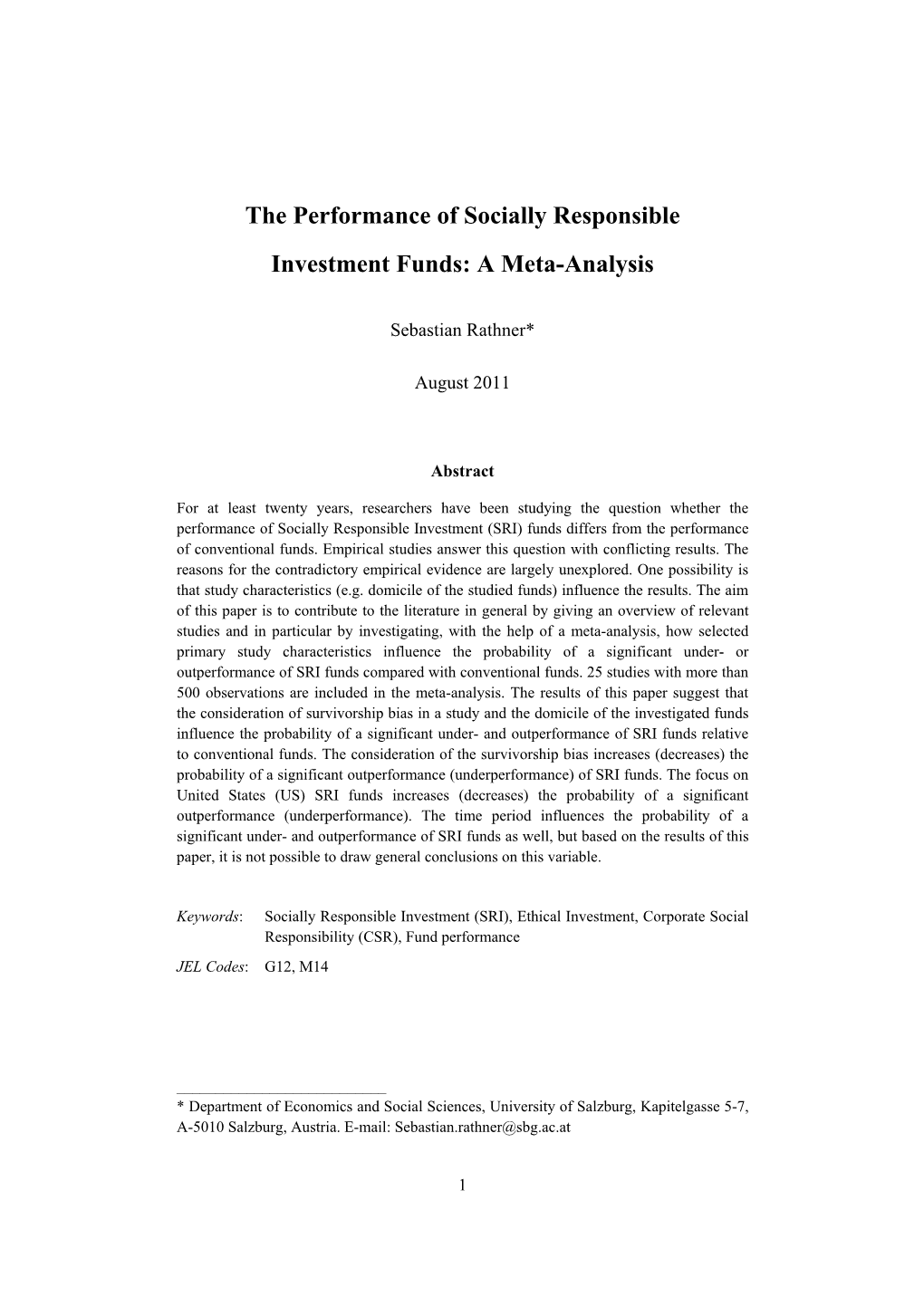 The Performance of Socially Responsible Investment Funds: a Meta-Analysis