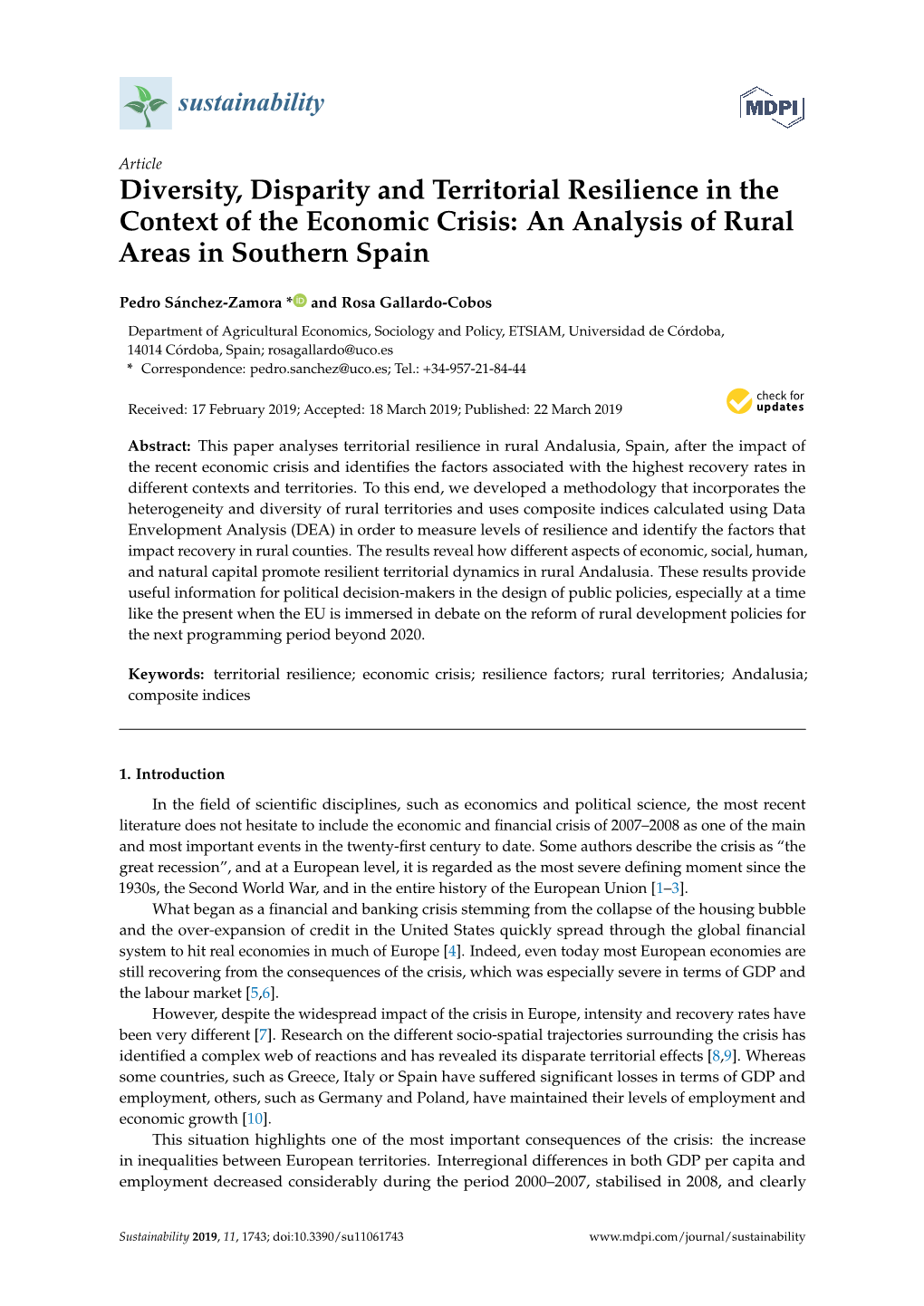 Diversity, Disparity and Territorial Resilience in the Context of the Economic Crisis: an Analysis of Rural Areas in Southern Spain