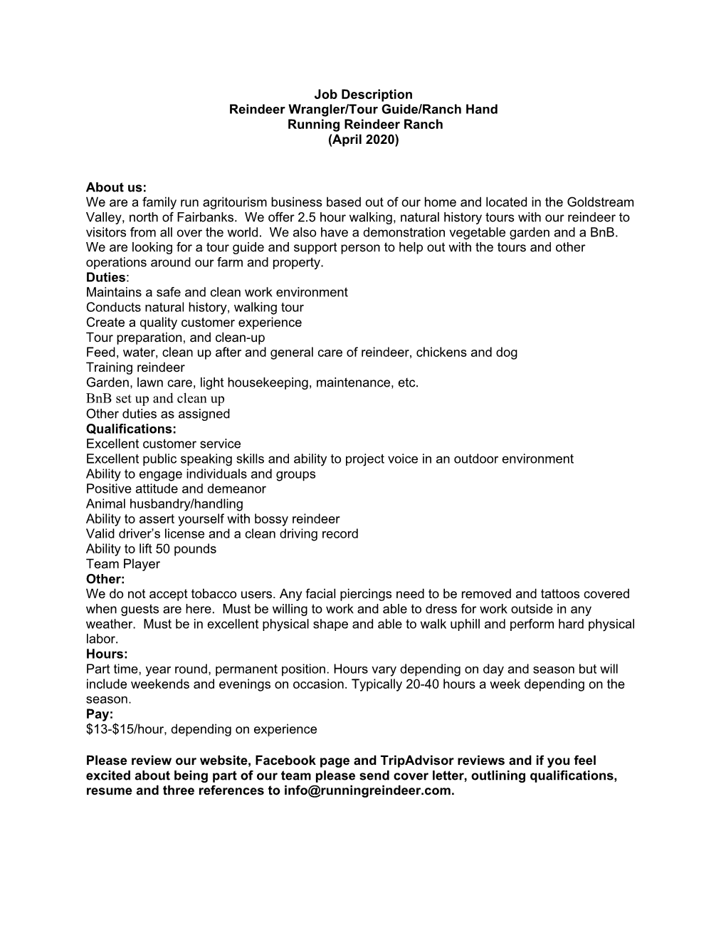 Job Description for Reindeer Wrangler at Running Reindeer Ranch