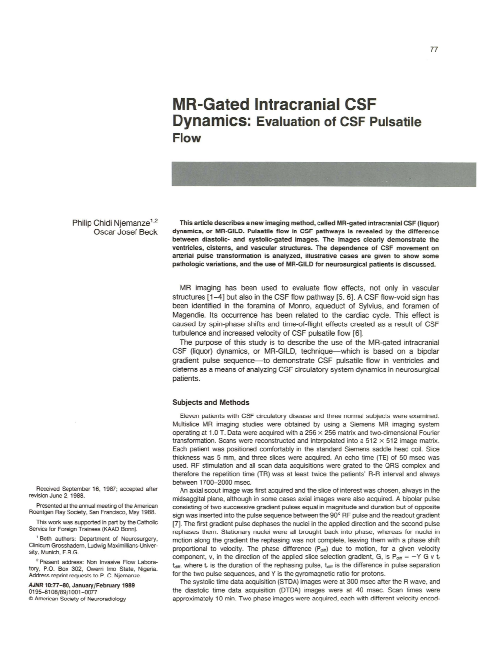 MR-Gated Intracranial CSF Dynamics: Evaluation of CSF Pulsatile Flow