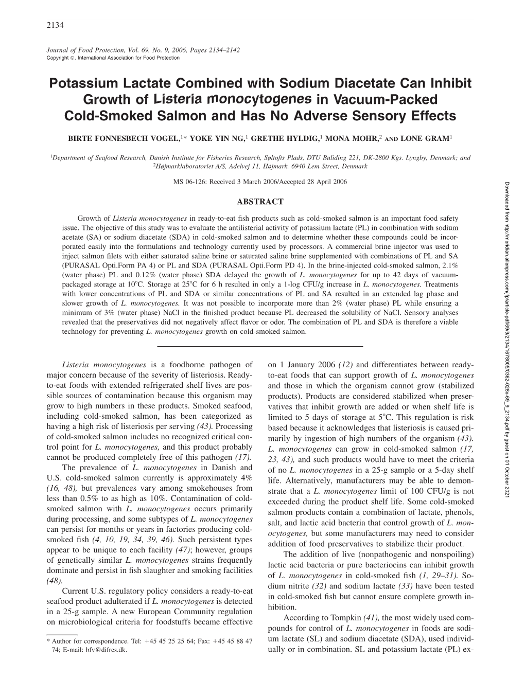 Potassium Lactate Combined with Sodium Diacetate Can Inhibit Growth of Listeria Monocytogenes in Vacuum-Packed Cold-Smoked Salmon and Has No Adverse Sensory Effects