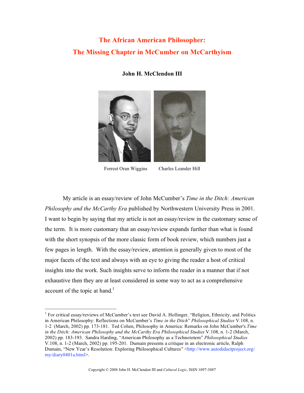 The African American Philosopher: the Missing Chapter in Mccumber on Mccarthyism