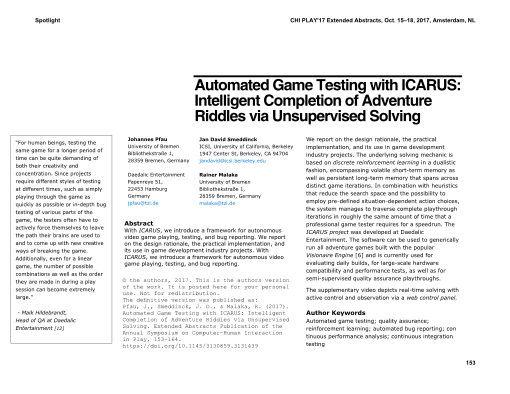 Automated Game Testing with ICARUS: Intelligent Completion of Adventure Riddles Via Unsupervised Solving