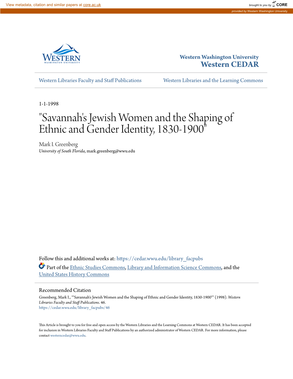 Savannah's Jewish Women and the Shaping of Ethnic and Gender Identity, 1830-1900" Mark I