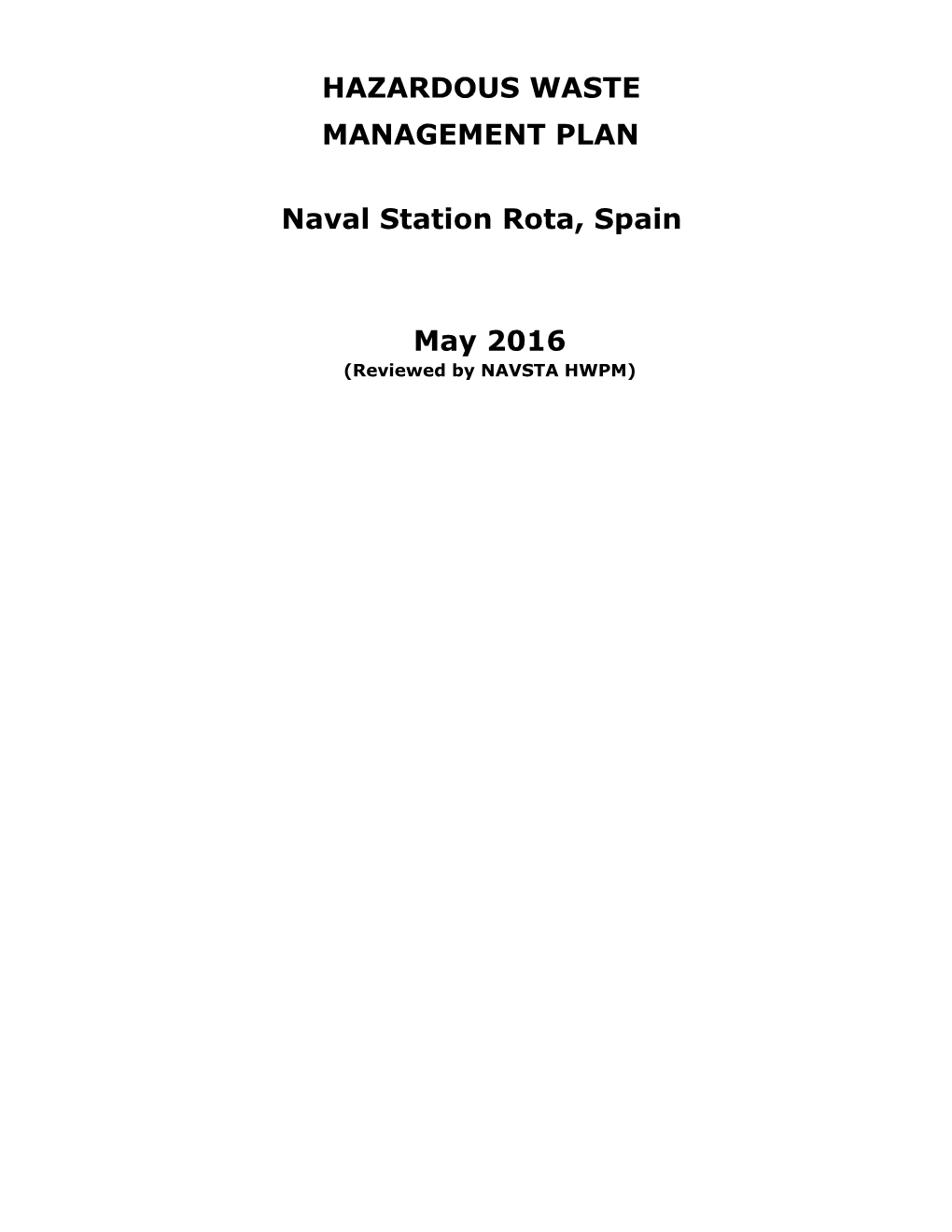 Hazardous Waste Management Plan Naval Station Rota, Spain
