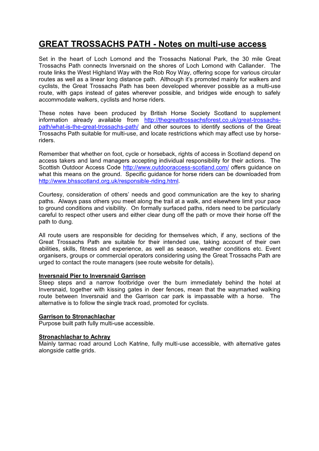 GREAT TROSSACHS PATH - Notes on Multi-Use Access