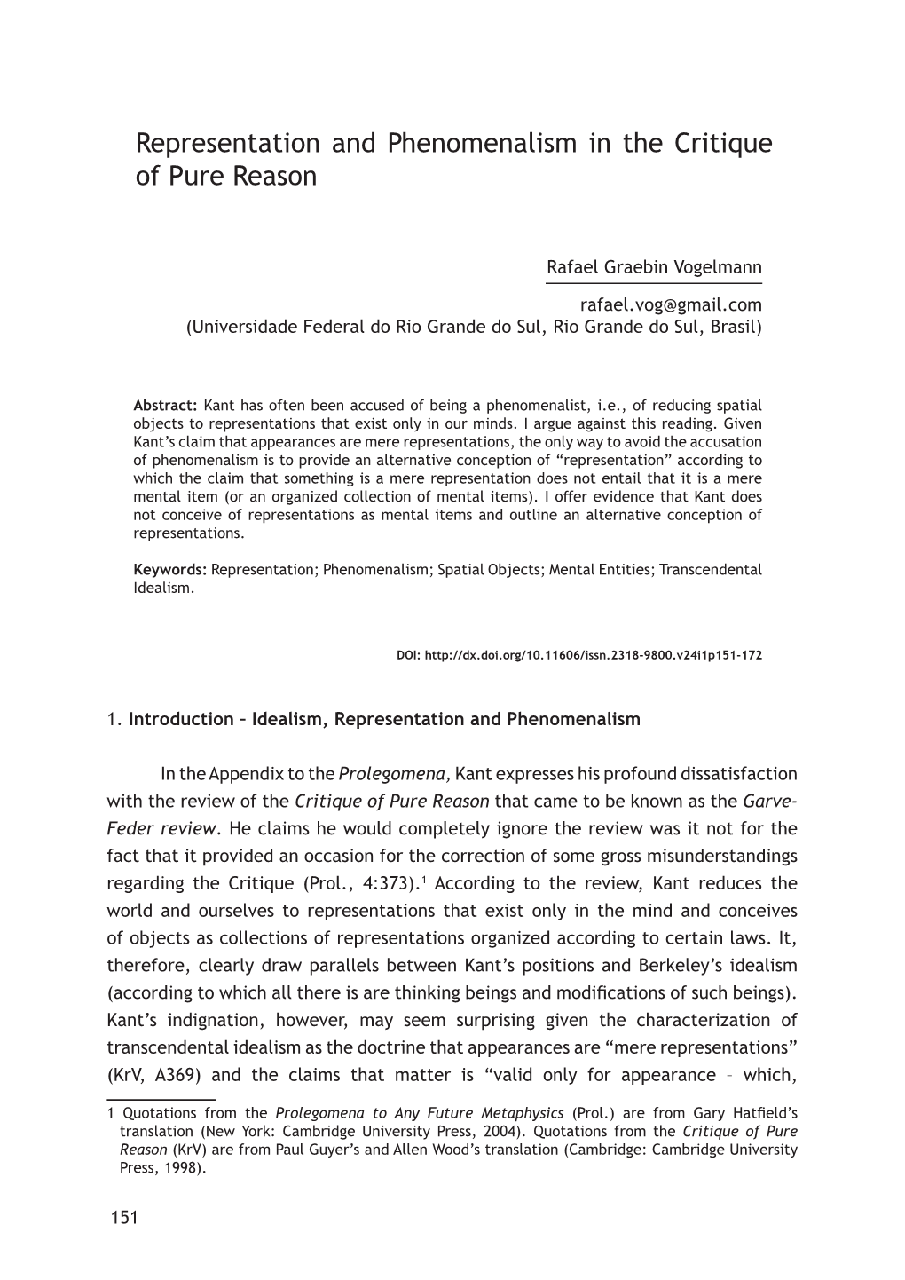 Representation and Phenomenalism in the Critique of Pure Reason