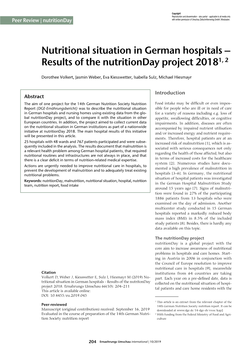 Nutritional Situation in German Hospitals – Results of the Nutritionday Project 20181, 2