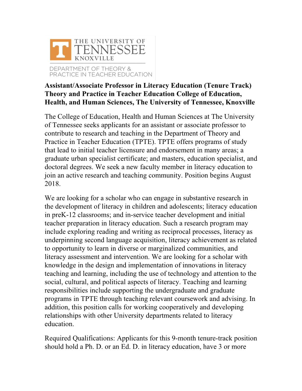 Assistant/Associate Professor in Literacy Education (Tenure Track) Theory and Practice