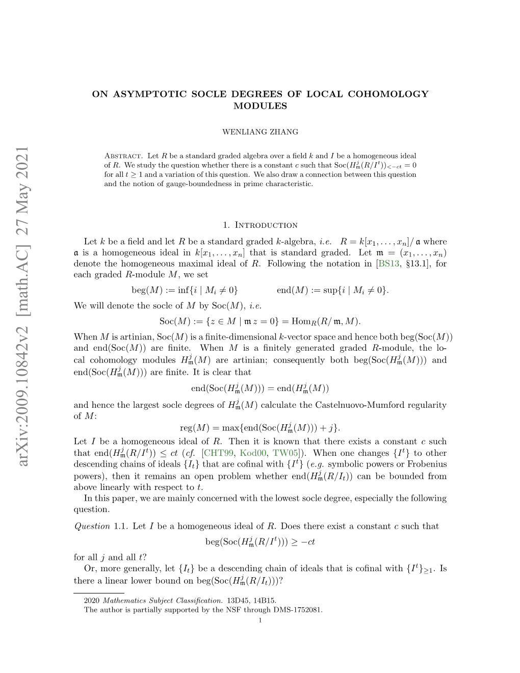 Arxiv:2009.10842V2 [Math.AC] 27 May 2021 a Question Question