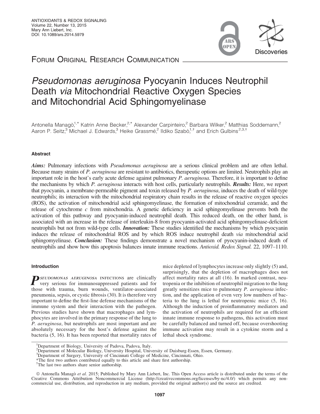 Pseudomonas Aeruginosa Pyocyanin Induces Neutrophil Death Via Mitochondrial Reactive Oxygen Species and Mitochondrial Acid Sphingomyelinase