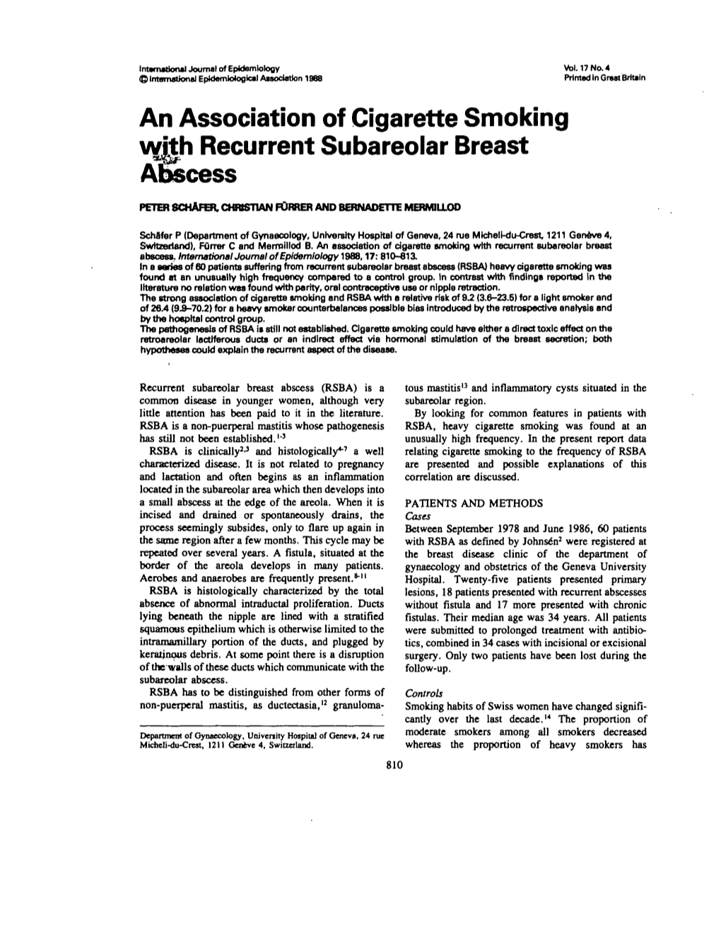 An Association of Cigarette Smoking with Recurrent Subareolar Breast Abscess