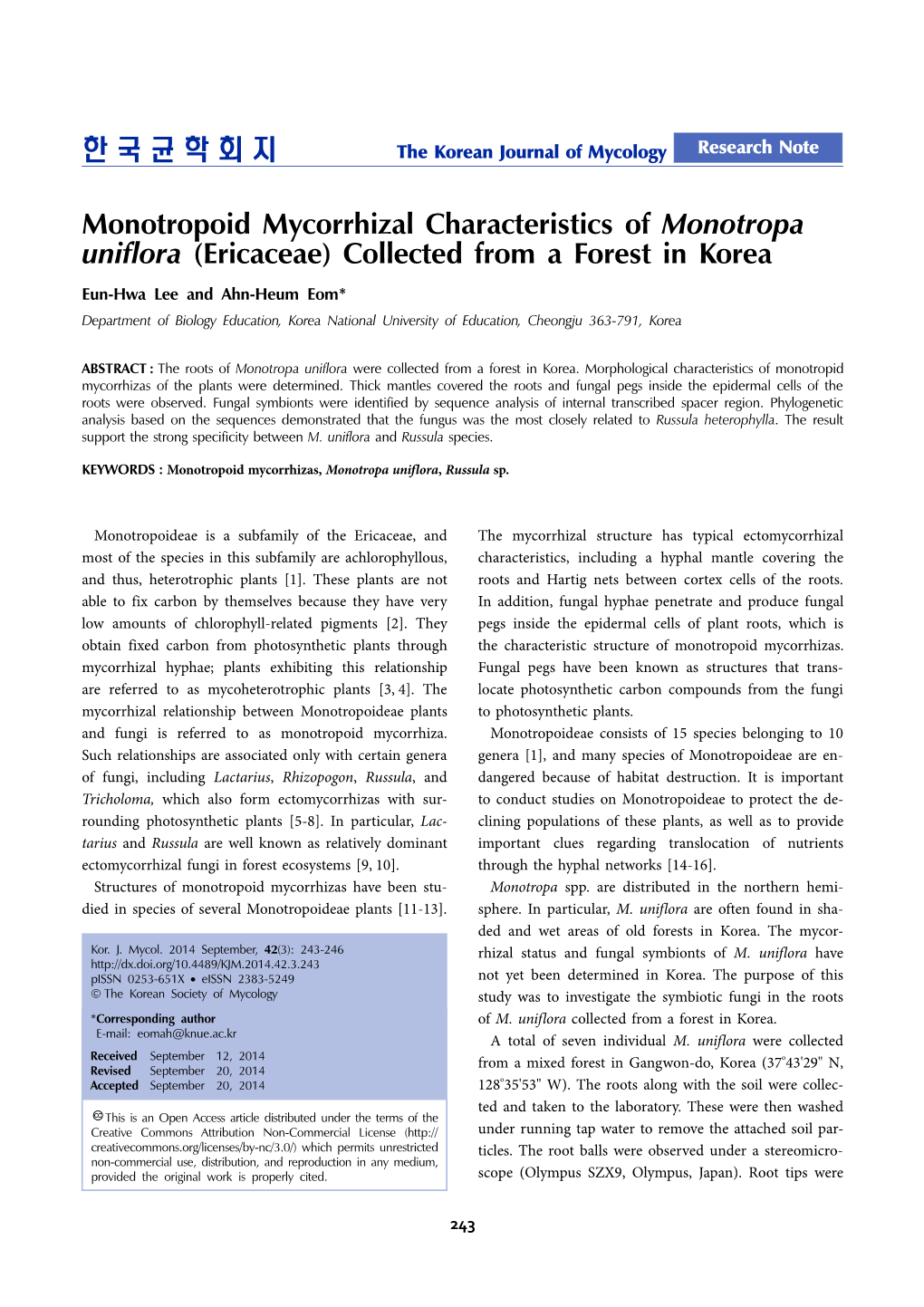 Monotropoid Mycorrhizal Characteristics of Monotropa Uniflora (Ericaceae) Collected from a Forest in Korea