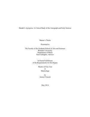 Handel's Agrippina," in Handel Studies: a Gedenkschrift for Howard Serwer, Ed