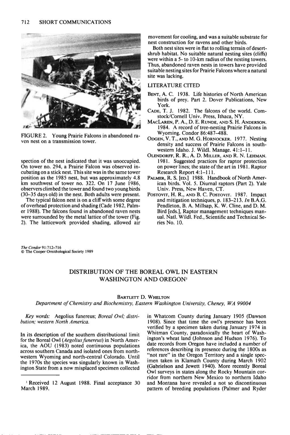 Distribution of the Boreal Owl in Eastern Washington and Oregon’