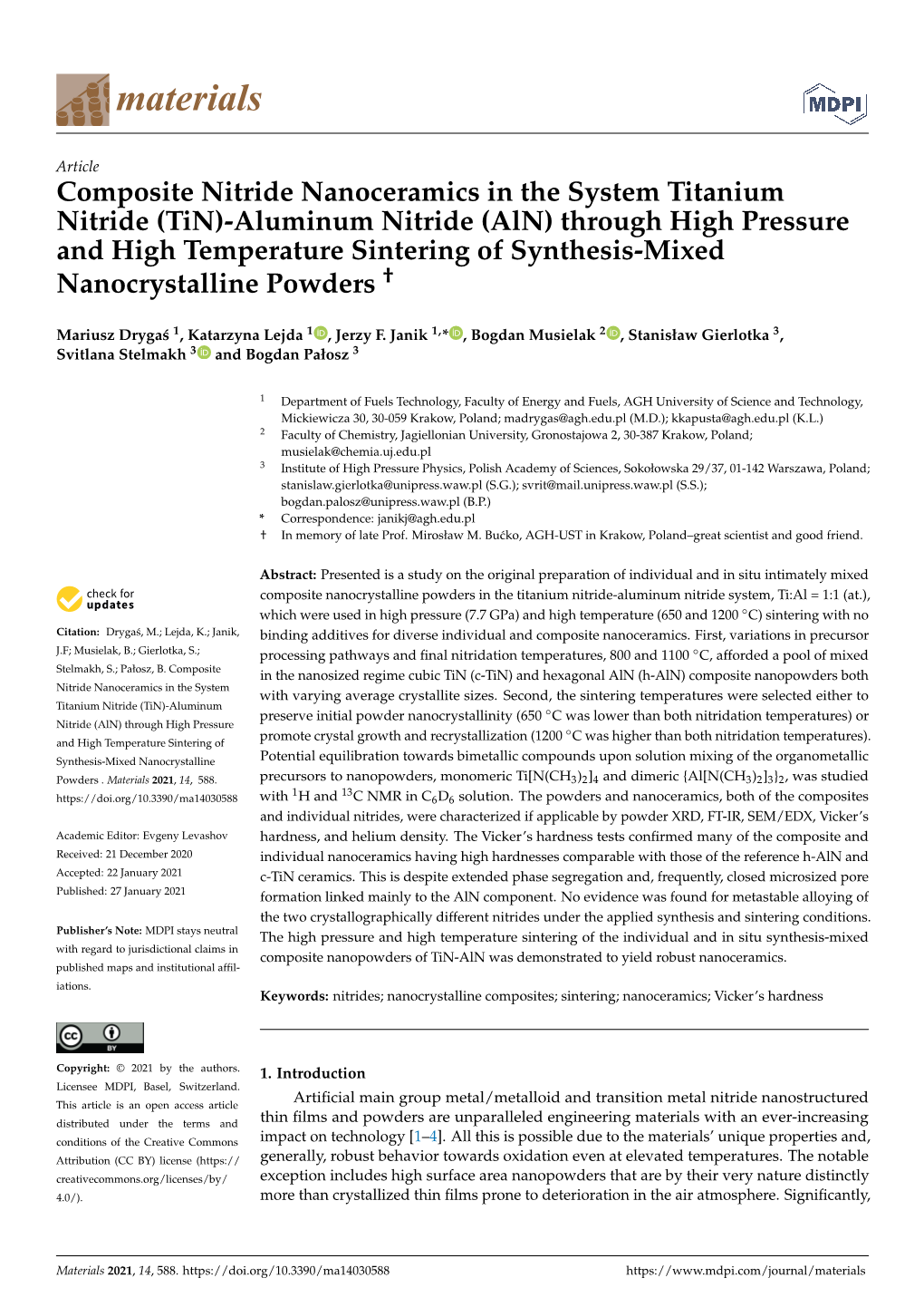 (Tin)-Aluminum Nitride (Aln) Through High Pressure and High Temperature Sintering of Synthesis-Mixed Nanocrystalline Powders †