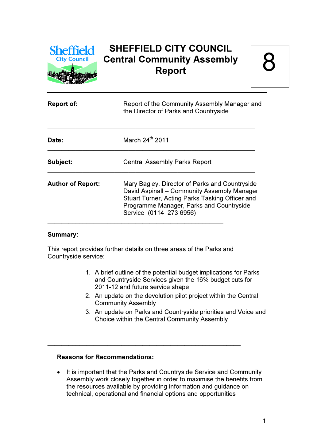 SHEFFIELD CITY COUNCIL Central Community Assembly Report