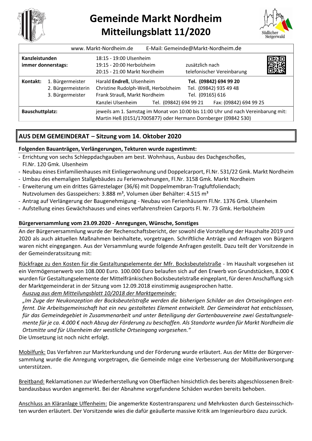 Gemeinde Markt Nordheim Mitteilungsblatt 11/2020