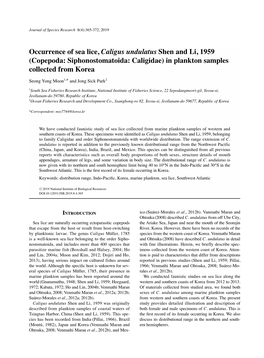 Occurrence of Sea Lice, Caligus Undulatus Shen and Li, 1959 (Copepoda: Siphonostomatoida: Caligidae) in Plankton Samples Collected from Korea