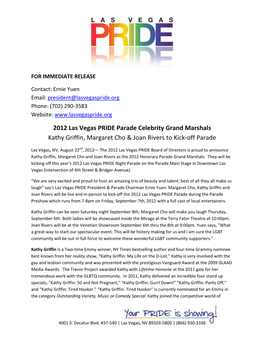 2012 Las Vegas PRIDE Parade Celebrity Grand Marshals Kathy Griffin, Margaret Cho & Joan Rivers to Kick-Off Parade
