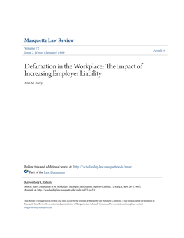 Defamation in the Workplace: the Impact of Increasing Employer Liability, 72 Marq