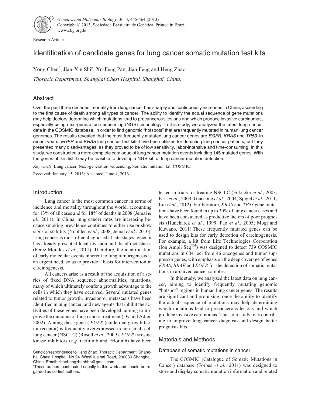 Identification of Candidate Genes for Lung Cancer Somatic Mutation Test Kits
