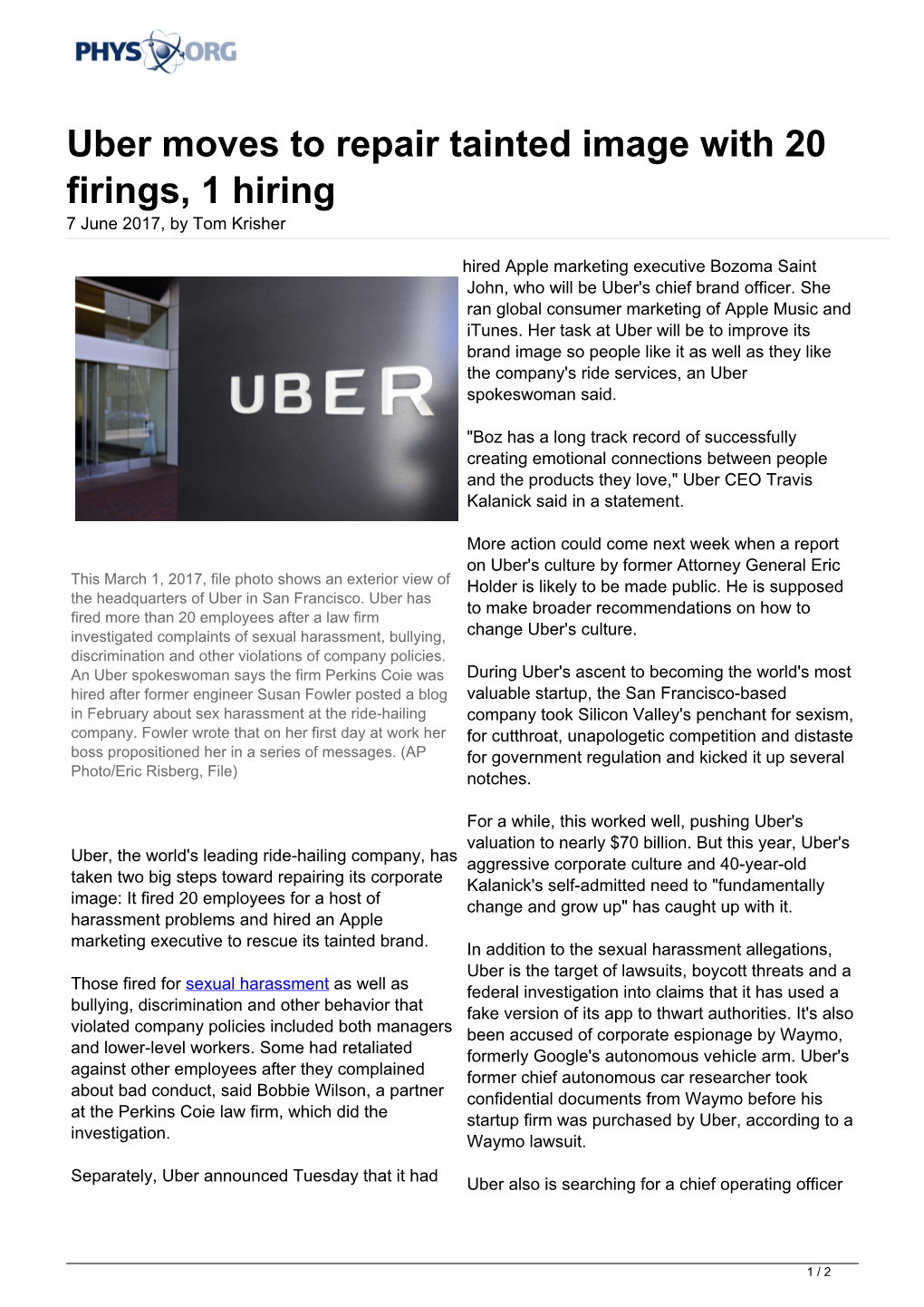 Uber Moves to Repair Tainted Image with 20 Firings, 1 Hiring 7 June 2017, by Tom Krisher