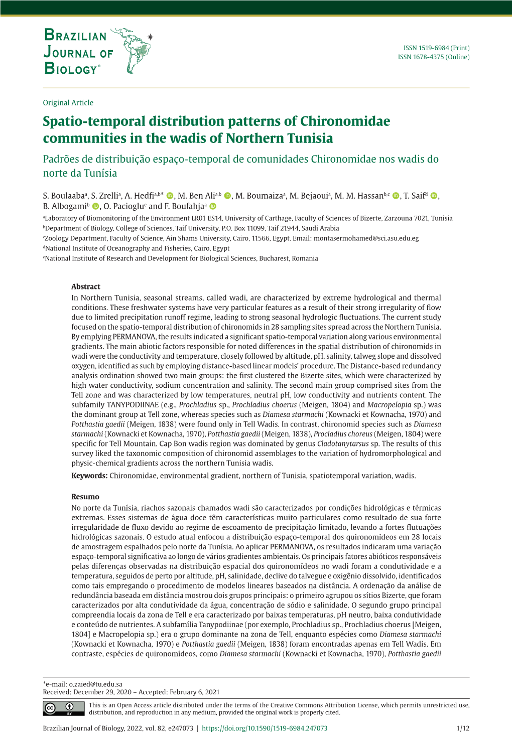 Spatio-Temporal Distribution Patterns of Chironomidae Communities in the Wadis of Northern Tunisia