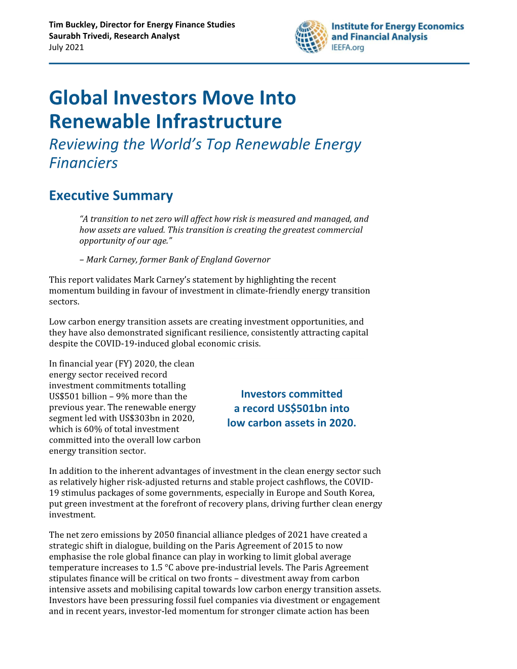 Global Investors Move Into Renewable Infrastructure Reviewing the World’S Top Renewable Energy Financiers