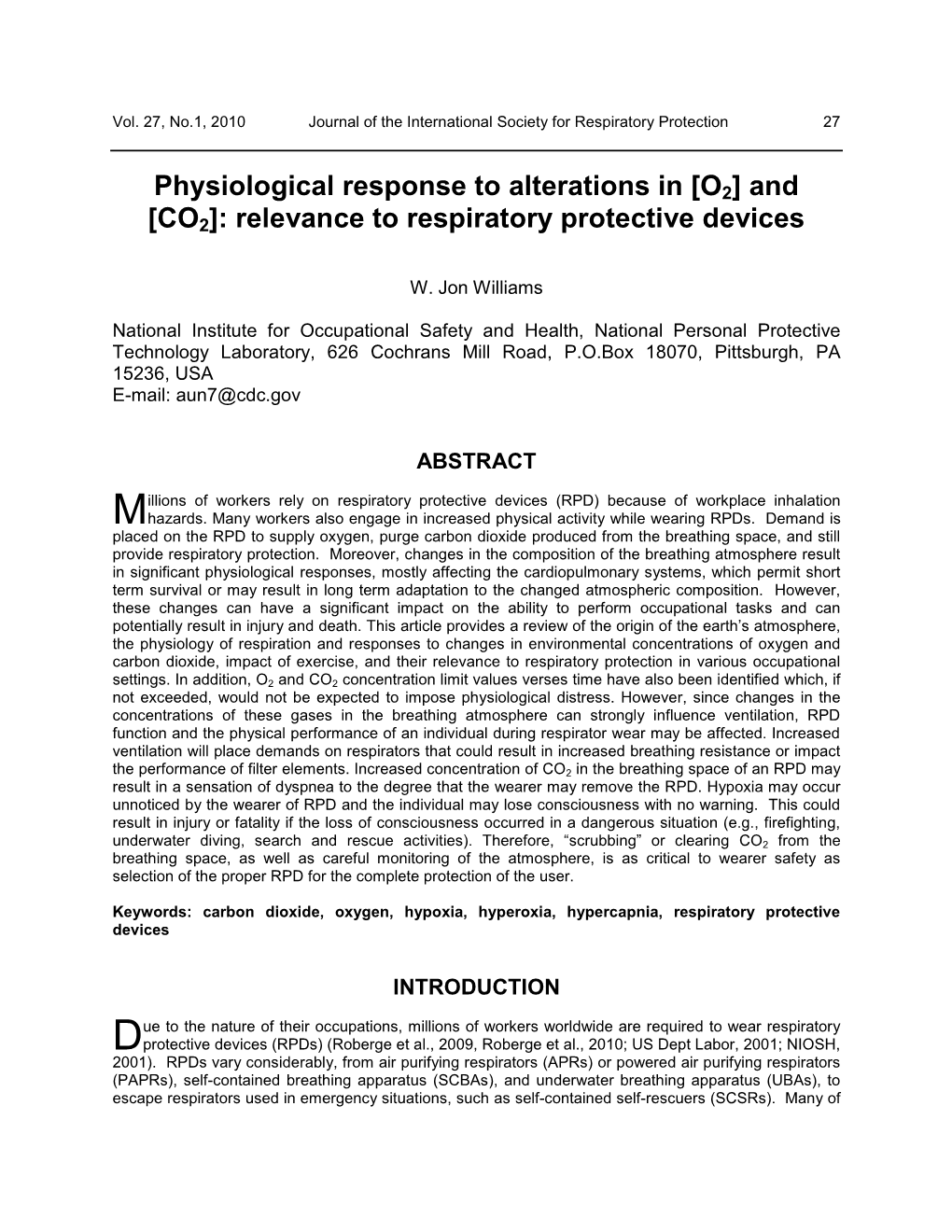 Physiological Response to Alterations in [O2] and [CO2]: Relevance to Respiratory Protective Devices