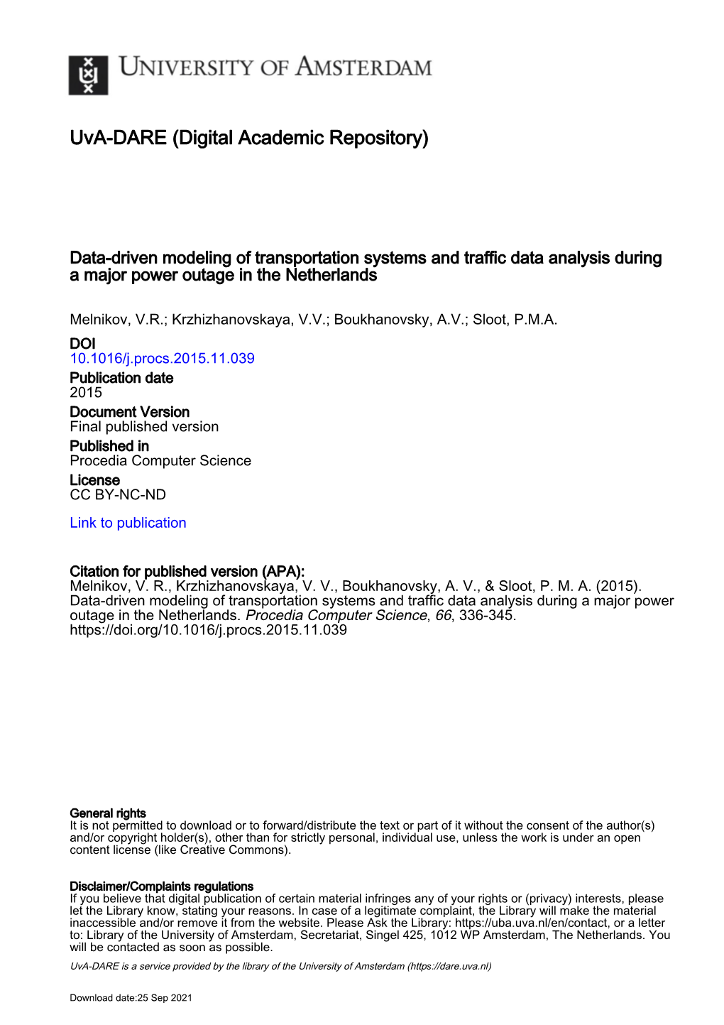 Data-Driven Modeling of Transportation Systems and Traffic Data Analysis During a Major Power Outage in the Netherlands