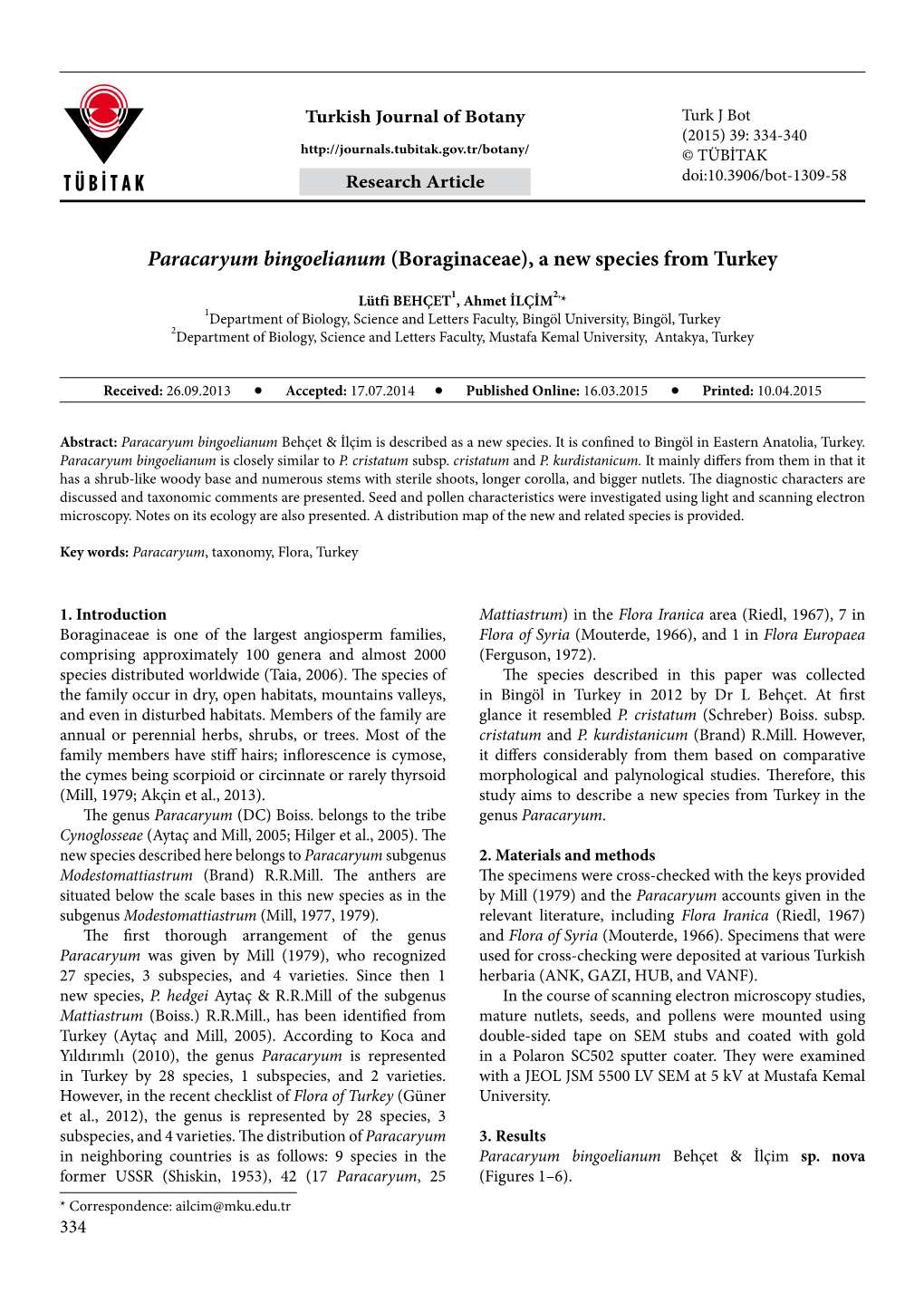 Paracaryum Bingoelianum (Boraginaceae), a New Species from Turkey