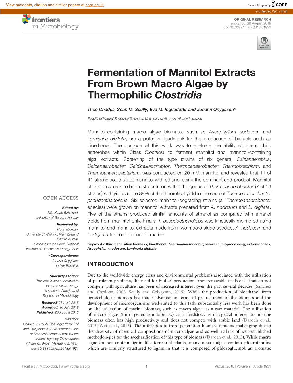 Fermentation of Mannitol Extracts from Brown Macro Algae by Thermophilic Clostridia