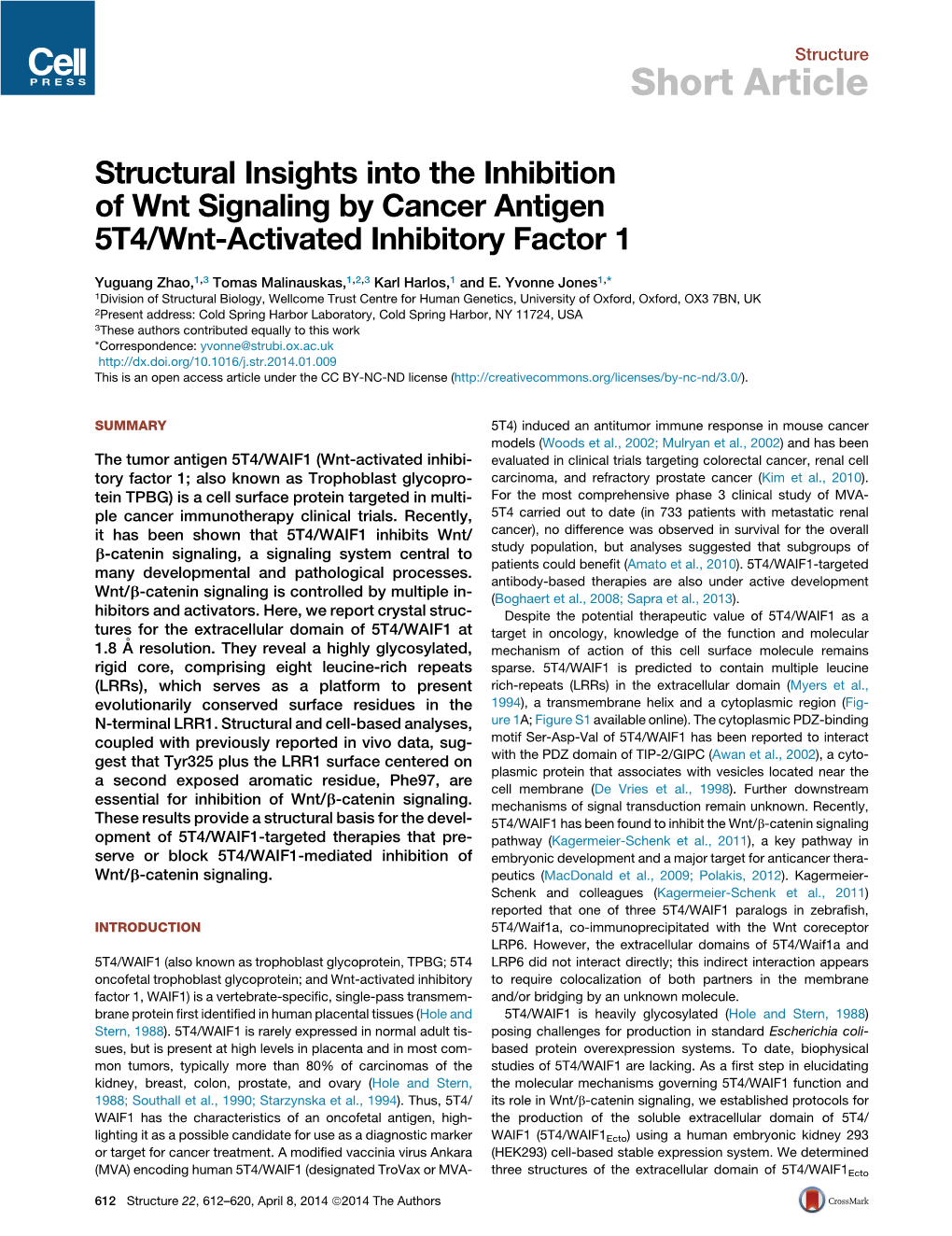 Structural Insights Into the Inhibition of Wnt Signaling by Cancer Antigen 5T4/Wnt-Activated Inhibitory Factor 1