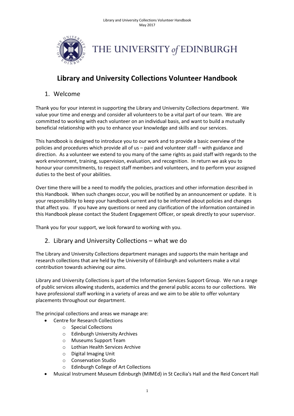 Library and University Collections Volunteer Handbook May 2017