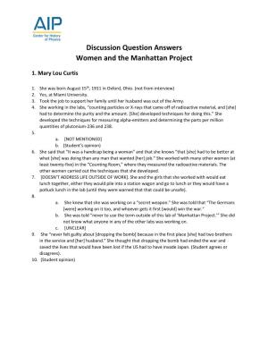 Discussion Question Answers Women and the Manhattan Project