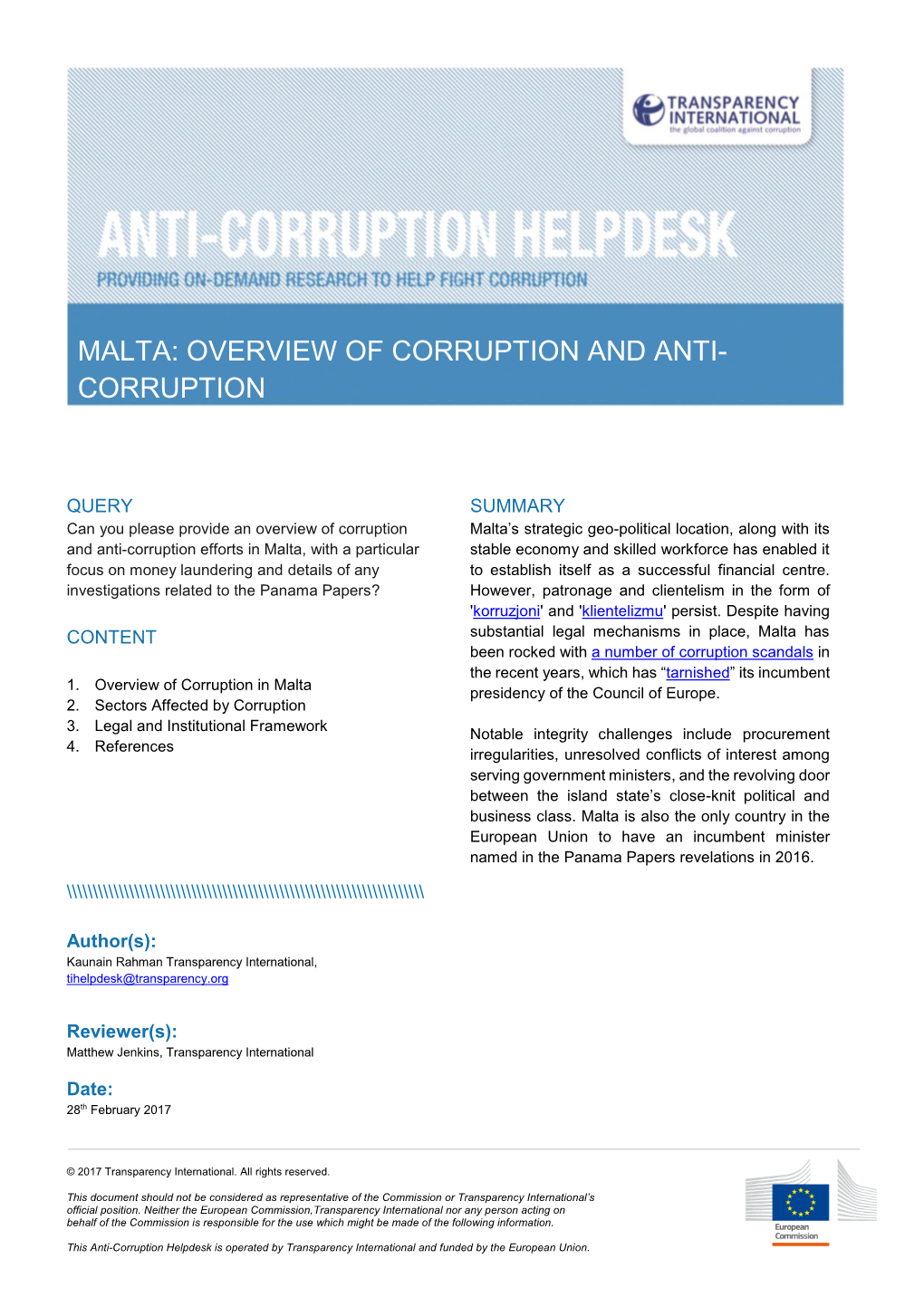 Malta: Overview of Corruption and Anti- Corruption