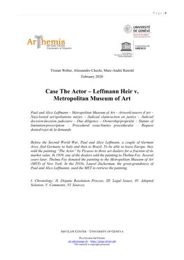 Case the Actor – Leffmann Heir V. Metropolitan Museum of Art
