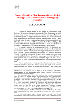 Cartografi Gesuiti in Cina: Francesco Brancati S.J., E La Mappa (1661?) Della Prefettura Di Songjiang (Shanghai)