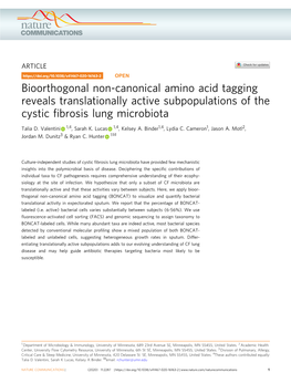 Bioorthogonal Non-Canonical Amino Acid Tagging Reveals Translationally Active Subpopulations of the Cystic ﬁbrosis Lung Microbiota