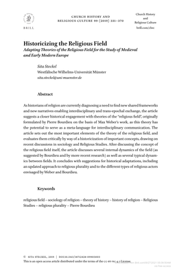 Historicizing the Religious Field Adapting Theories of the Religious Field for the Study of Medieval and Early Modern Europe