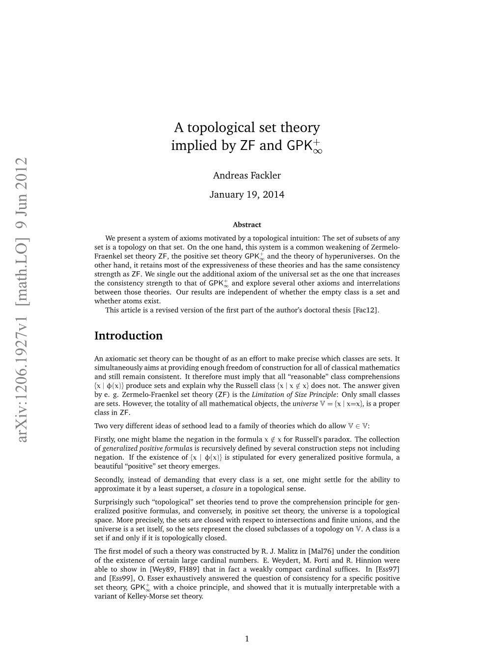 A Topological Set Theory Implied by ZF And