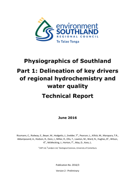 Physiographics of Southland Part 1: Delineation of Key Drivers of Regional Hydrochemistry and Water Quality Technical Report