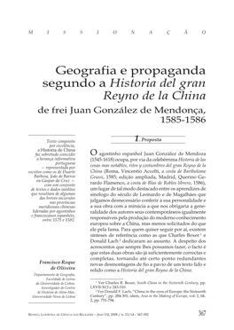 Geografia E Propaganda Segundo a Historia Del Gran Reyno De La China De Frei Juan González De Mendonça, 1585-1586