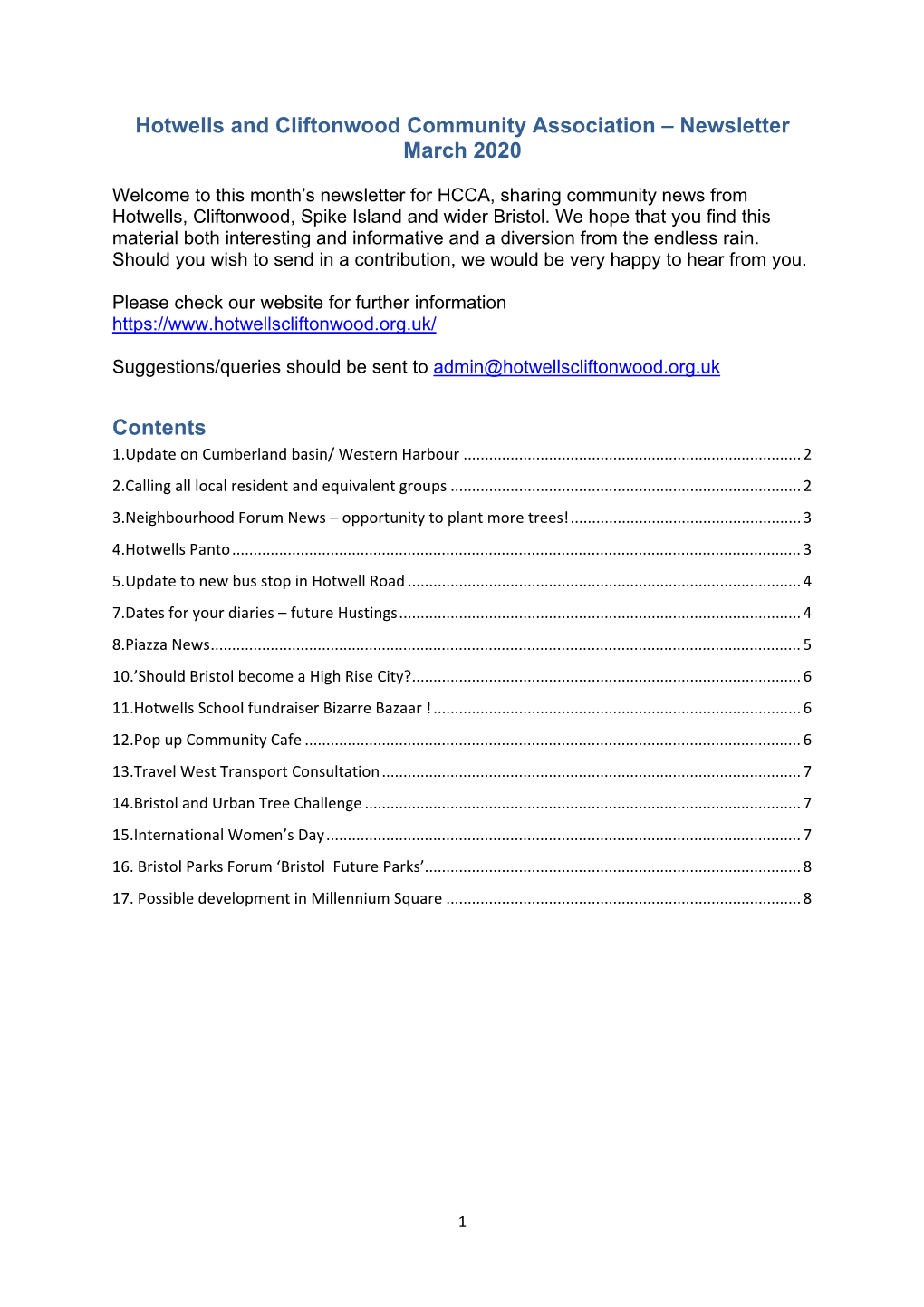 Hotwells and Cliftonwood Community Association – Newsletter March 2020 Contents
