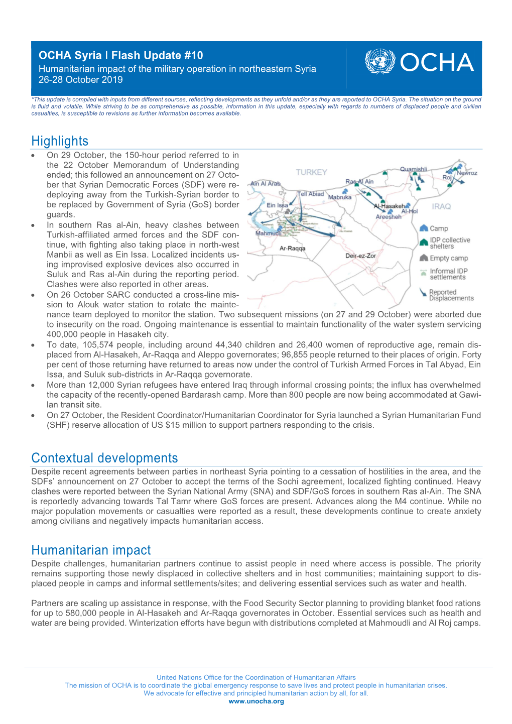 OCHA Syria ǀ Flash Update #10 Humanitarian Impact of the Military Operation in Northeastern Syria 26-28 October 2019